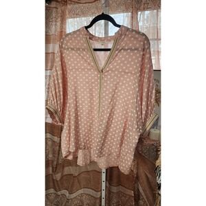 Easel Women's Pink Polka Dot V-Neck Trim 3/4 Sleeve Tunic Blouse Size M